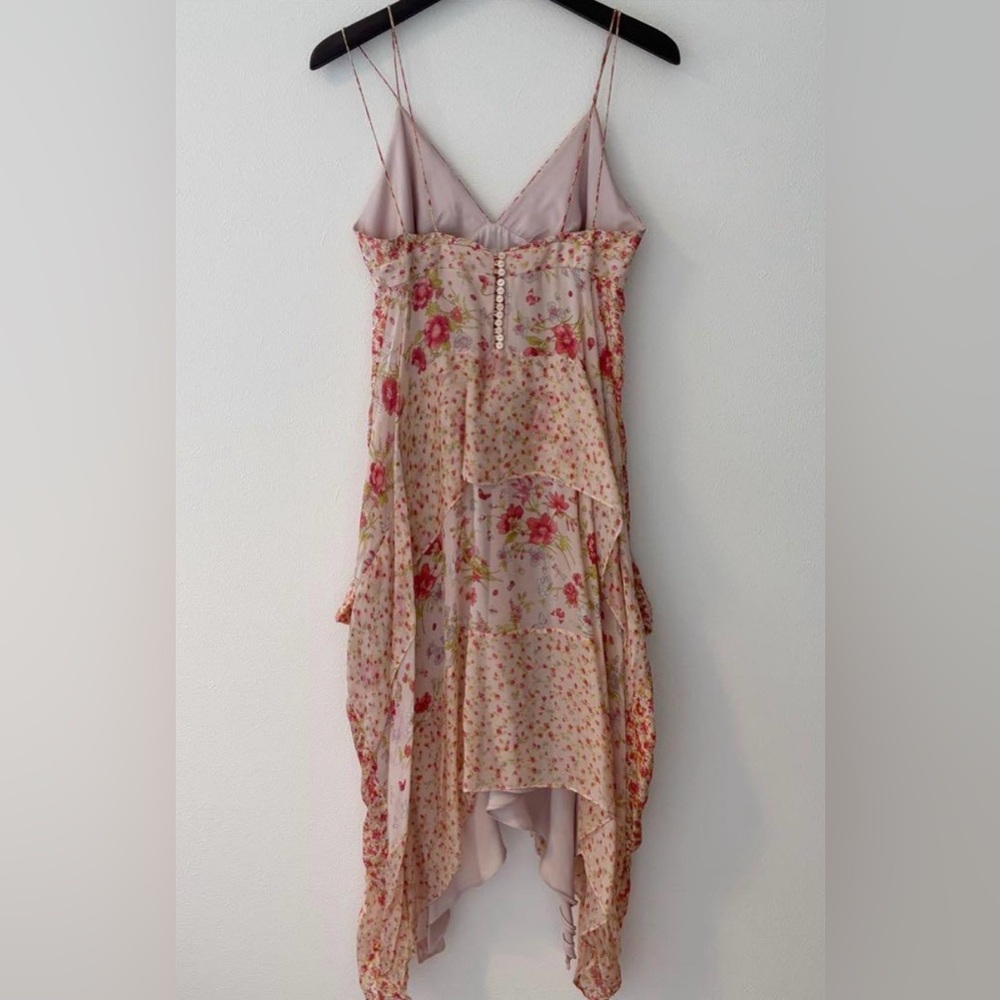 Zara 100% Silk Floral V Neck  Asymmetrical High Low Knee Length Dress (Medium) - Picture 4 of 8